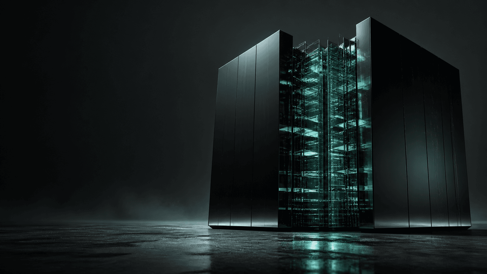 Sculptural black glass structure with illuminated computational layers